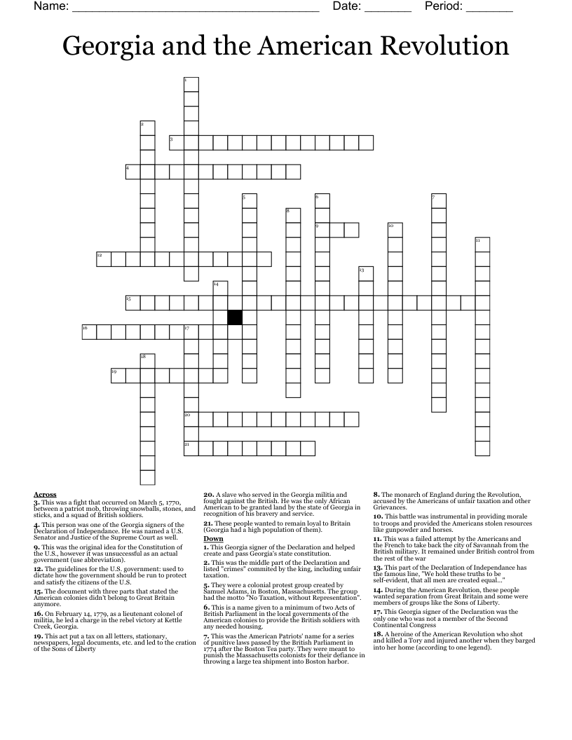 Georgia and the American Revolution  Crossword