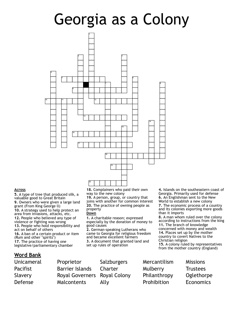 Georgia as a Colony Crossword