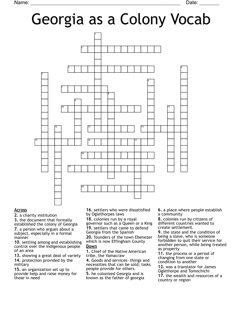 Georgia as a Colony Vocab Crossword