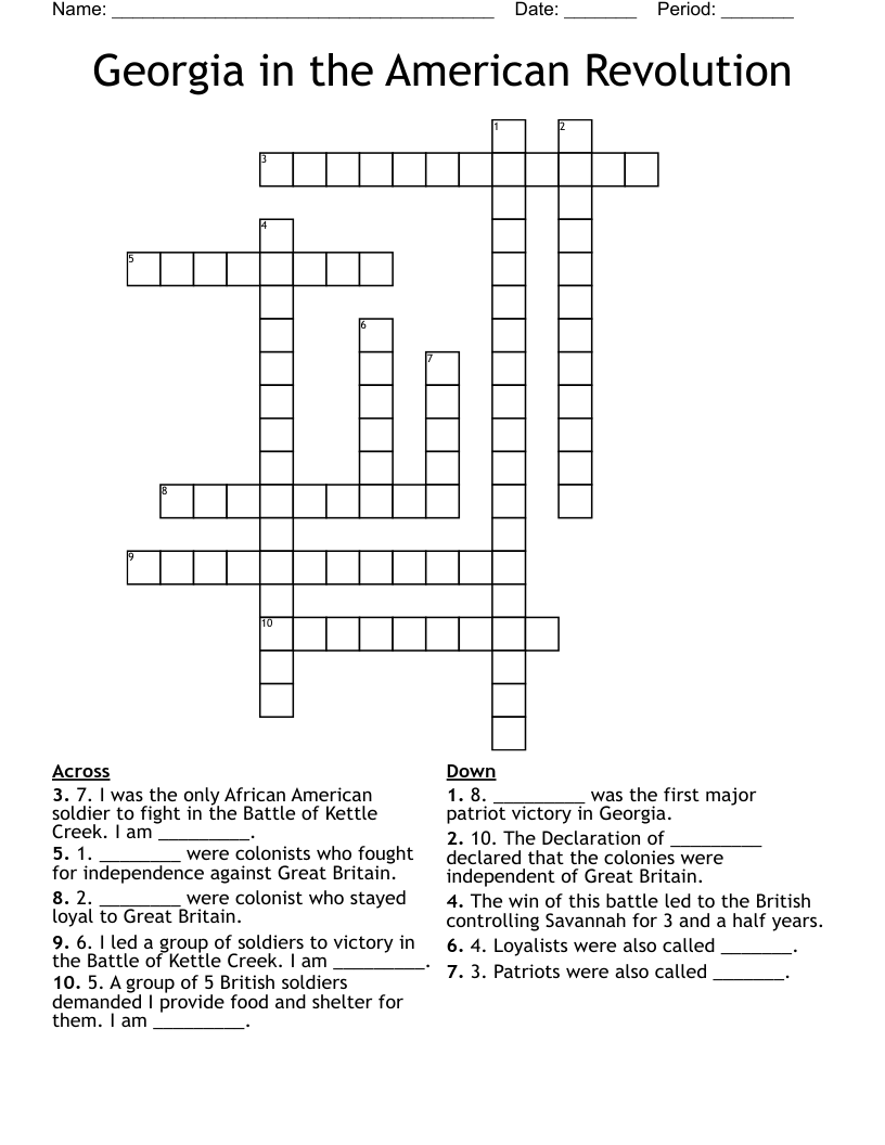Georgia in the American Revolution Crossword