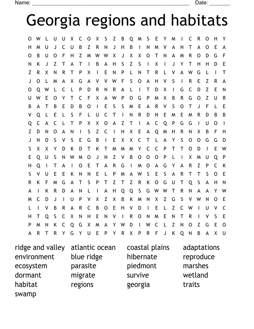 Georgia regions and habitats Word Search