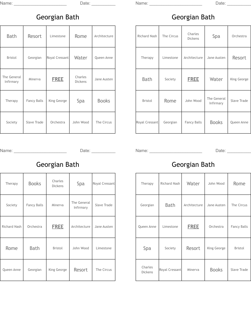 Georgian Bath Bingo Cards