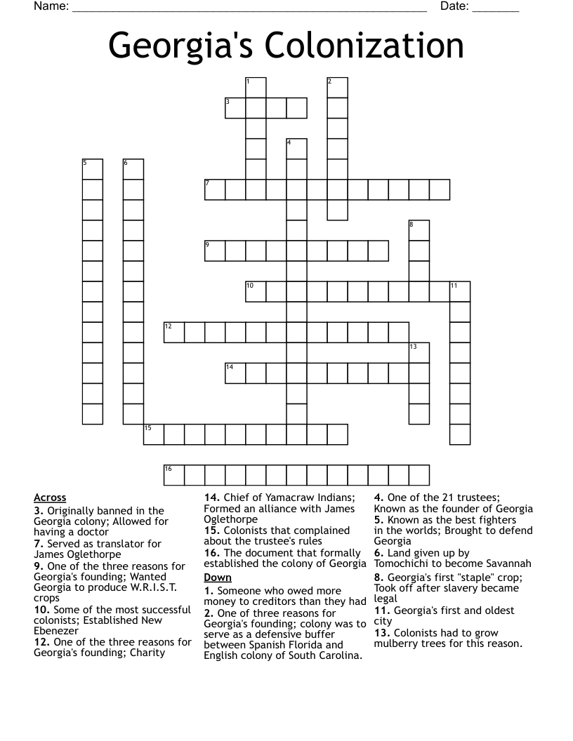 Georgia's Colonization Crossword