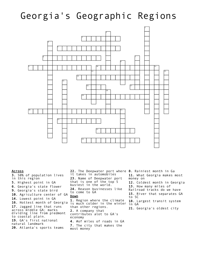 Georgia's Geographic Regions Crossword