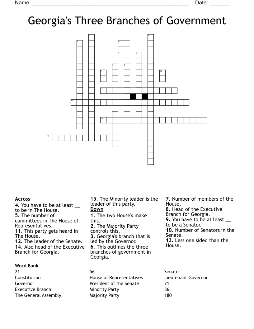 Georgia's Three Branches of Government  Crossword
