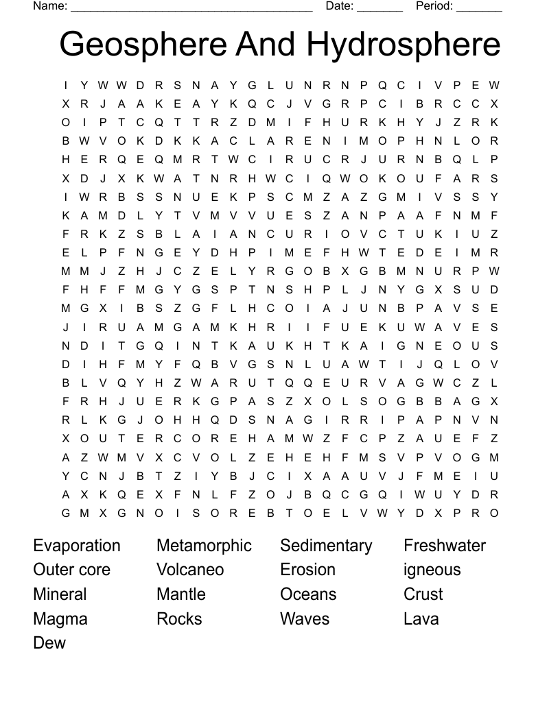 Geosphere And Hydrosphere Word Search