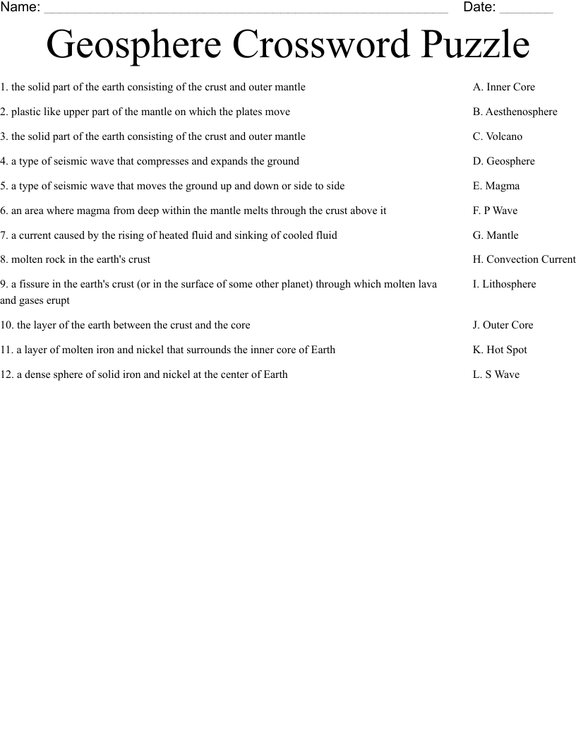 Geosphere Crossword Puzzle Worksheet