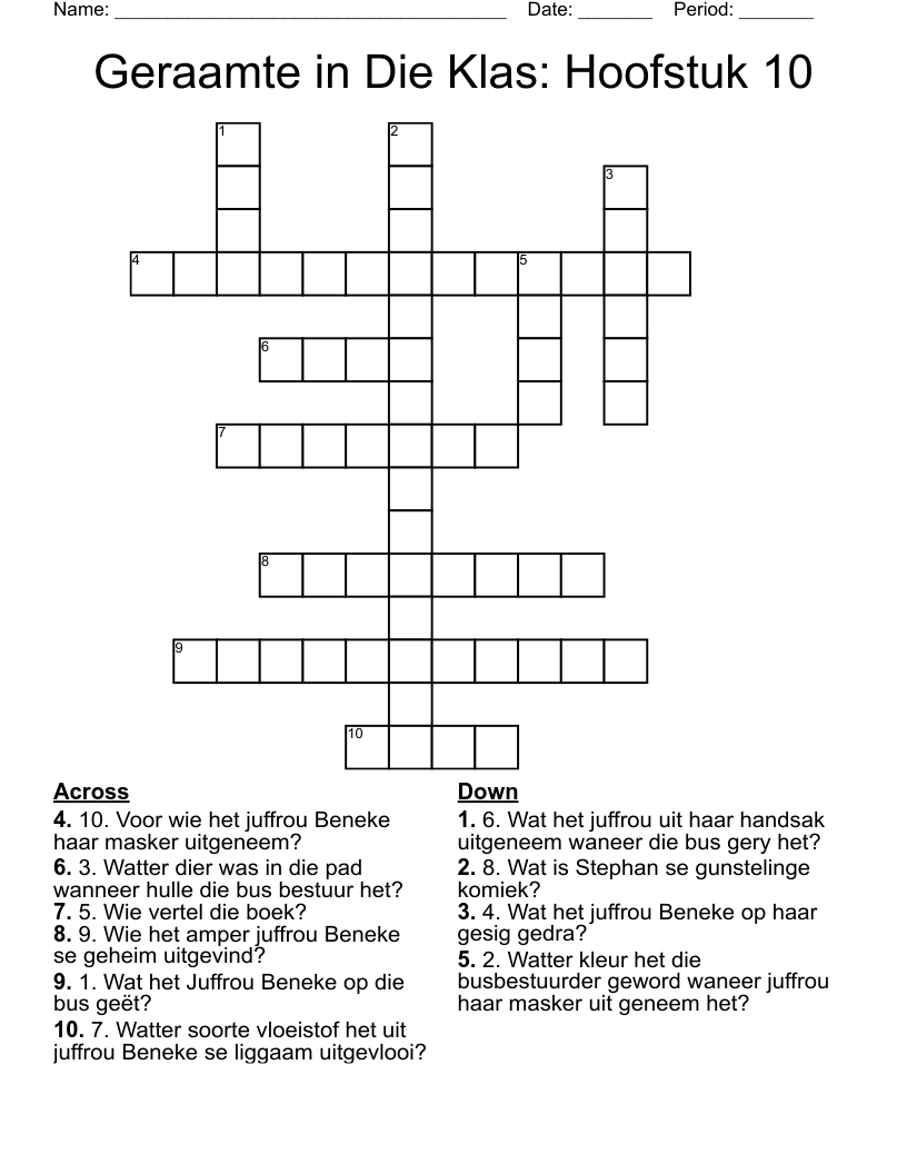 Geraamte in Die Klas: Hoofstuk 10 Crossword