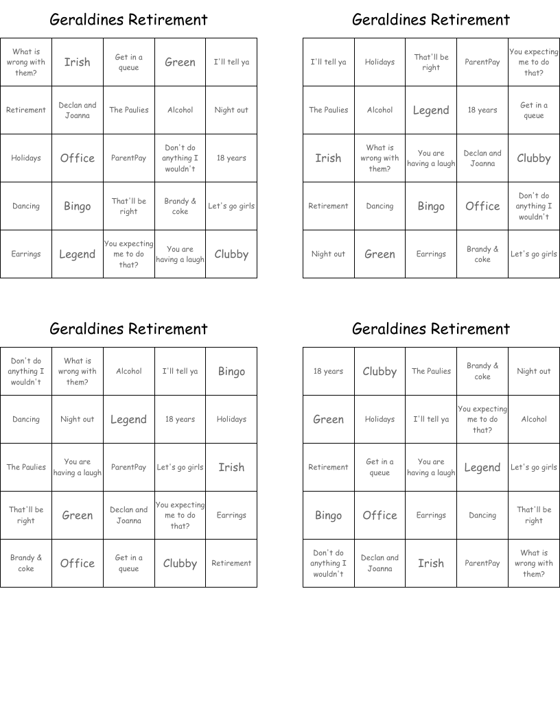 Geraldines Retirement Bingo Cards