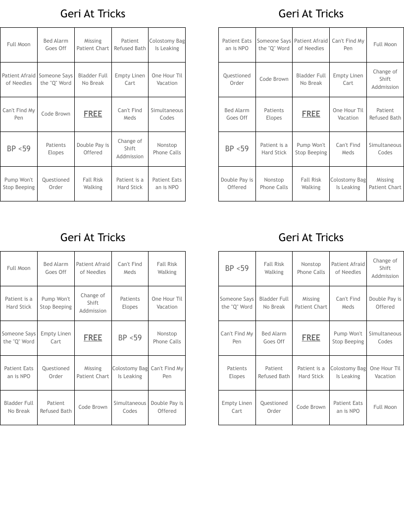 Geri At Tricks Bingo Cards