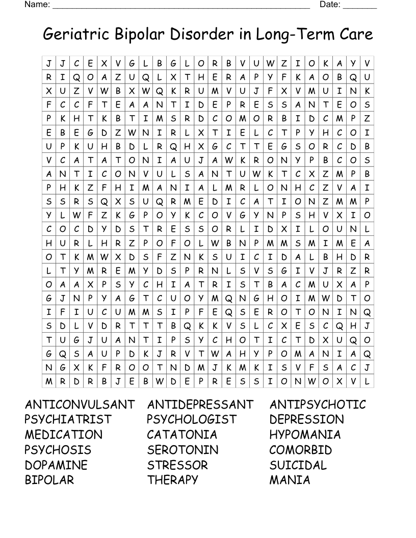 Geriatric Bipolar Disorder in Long-Term Care Word Search