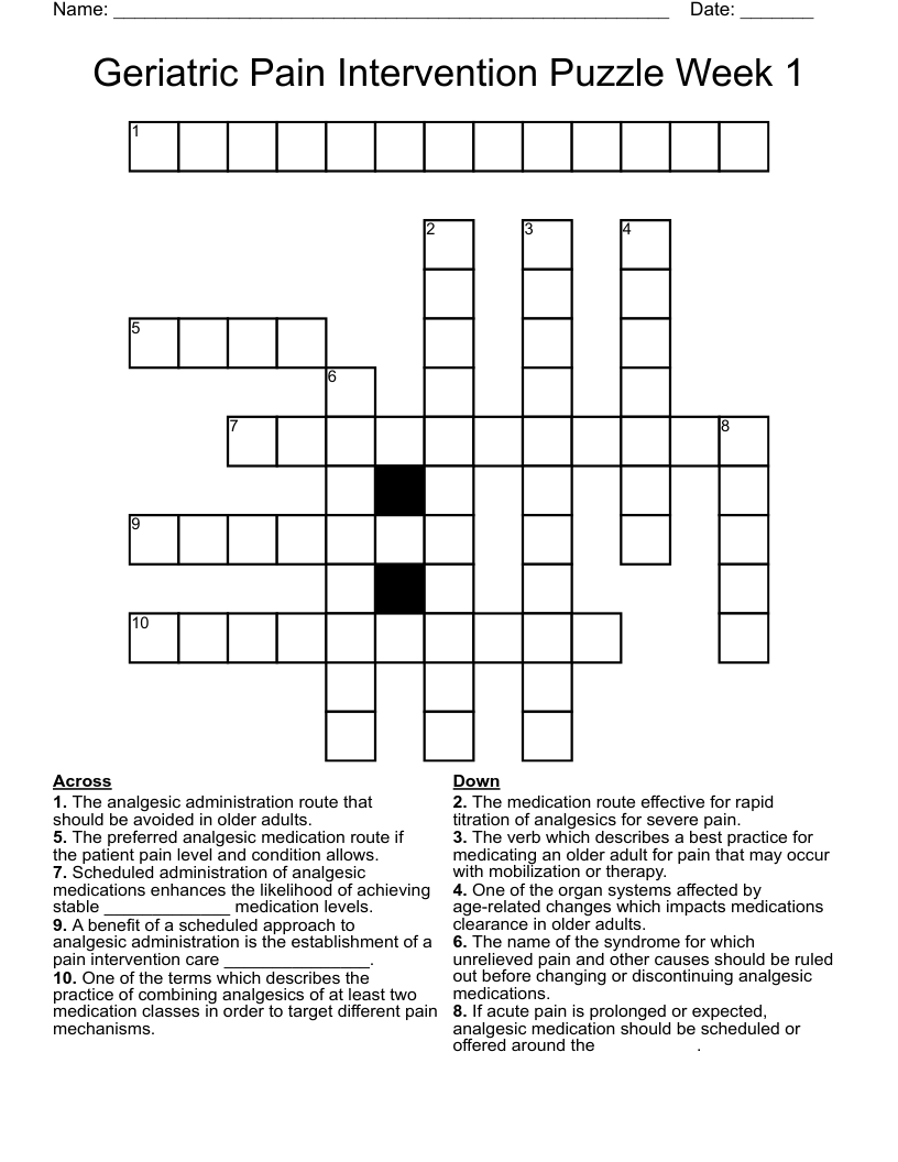 Geriatric Pain Intervention Puzzle Week 1 Crossword