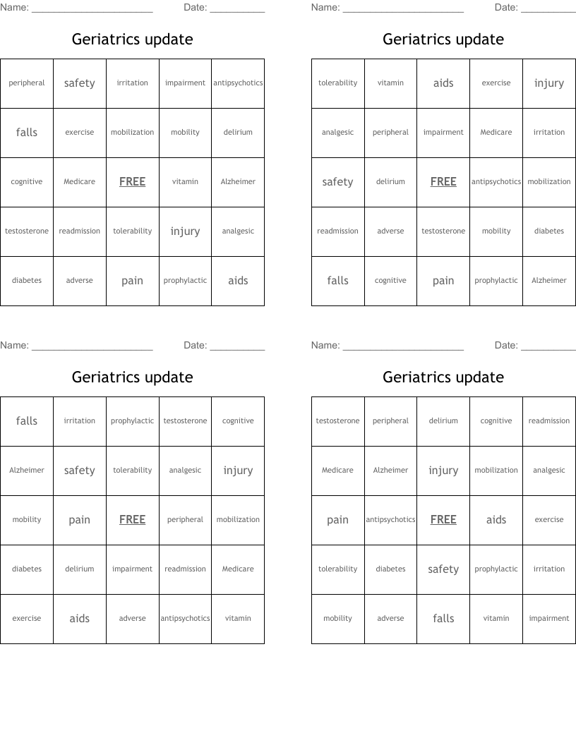 Geriatrics update Bingo Cards