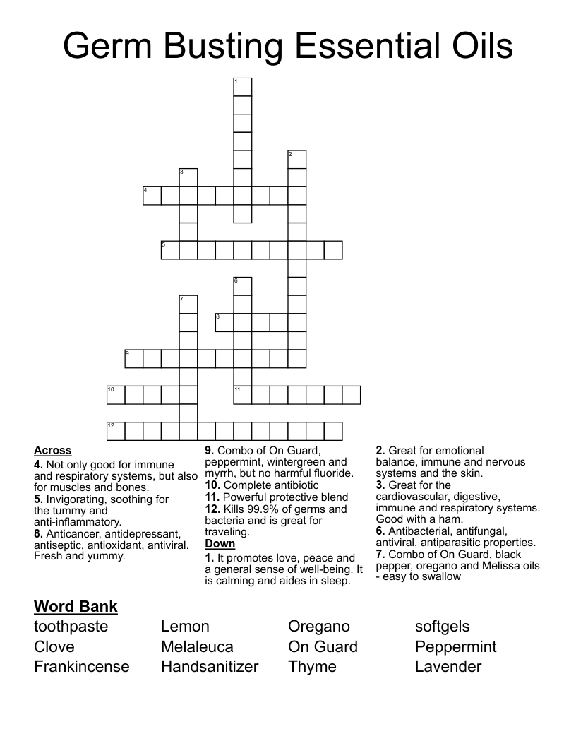Germ Busting Essential Oils Crossword