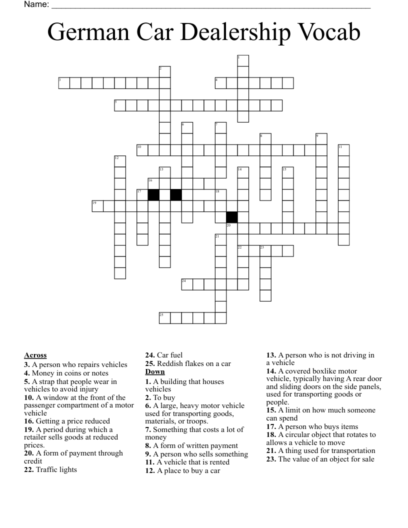 German Car Dealership Vocab Crossword