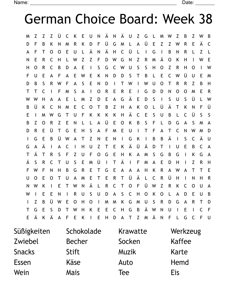 German Choice Board: Week 38 Word Search