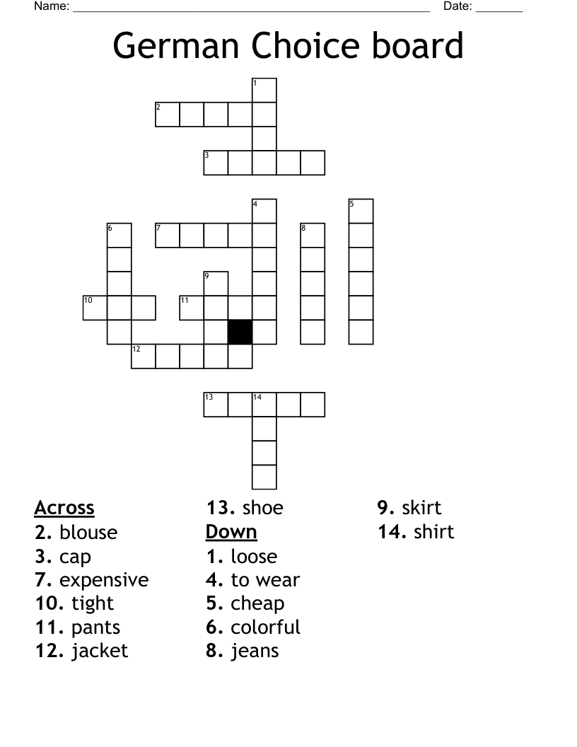 German Choice board Crossword