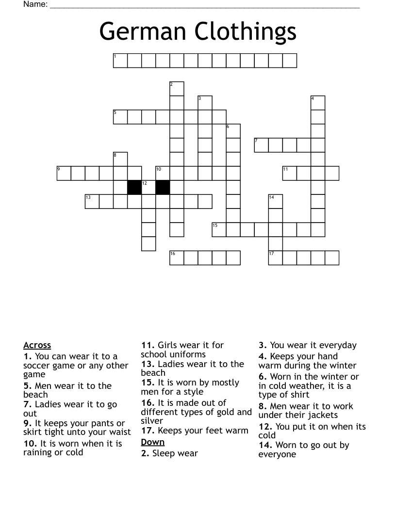 German Clothings Crossword