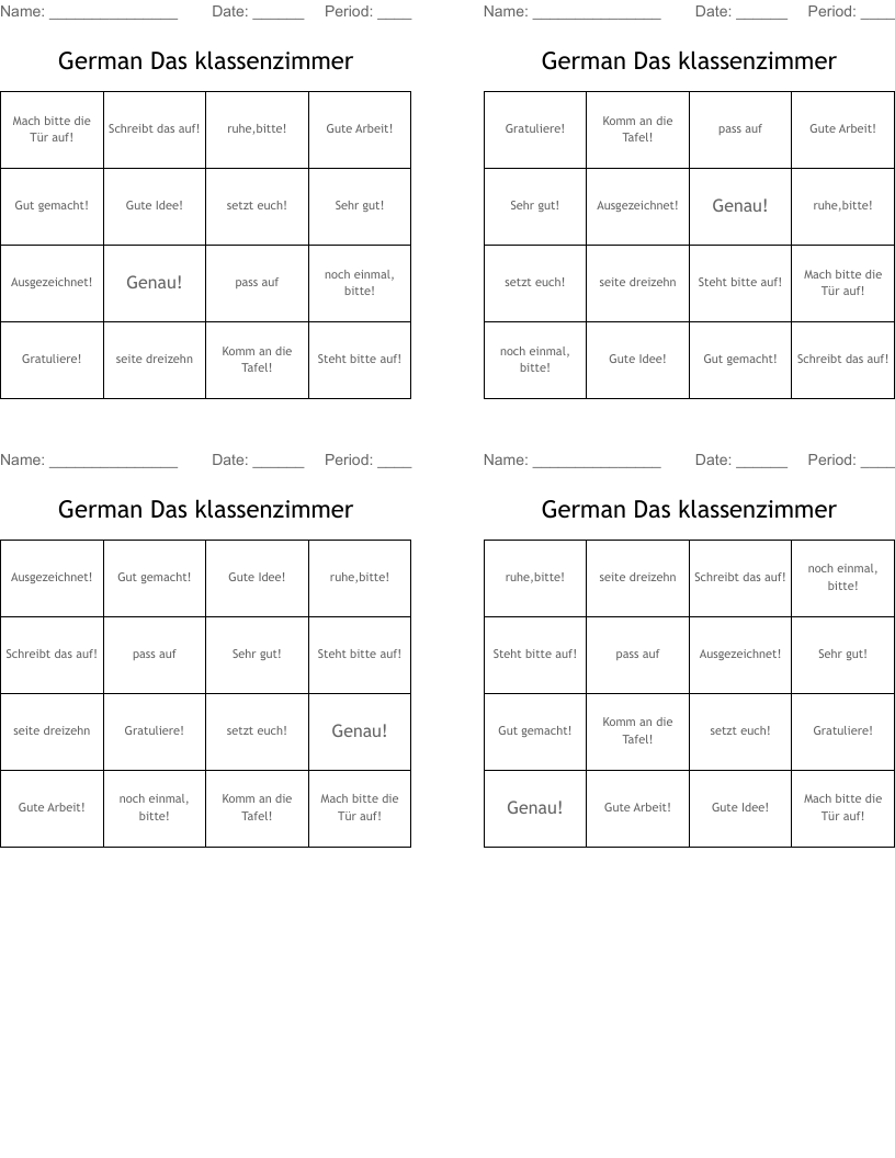 German Das klassenzimmer Bingo Cards