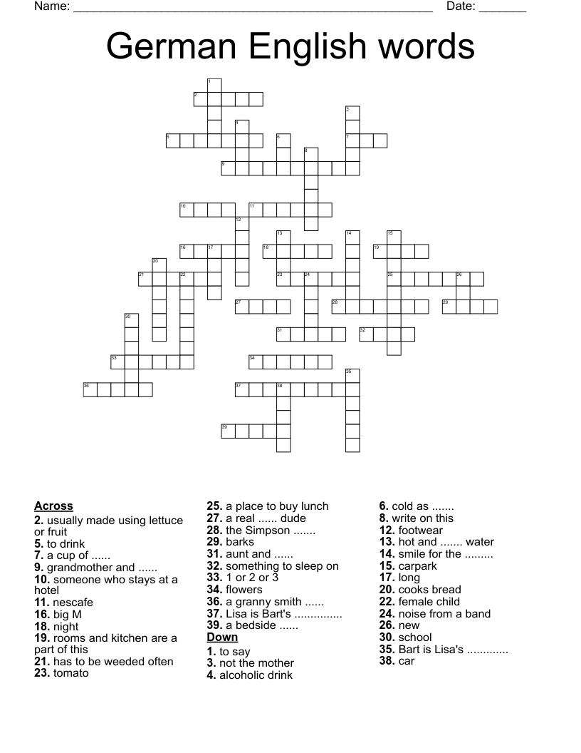 German English words Crossword