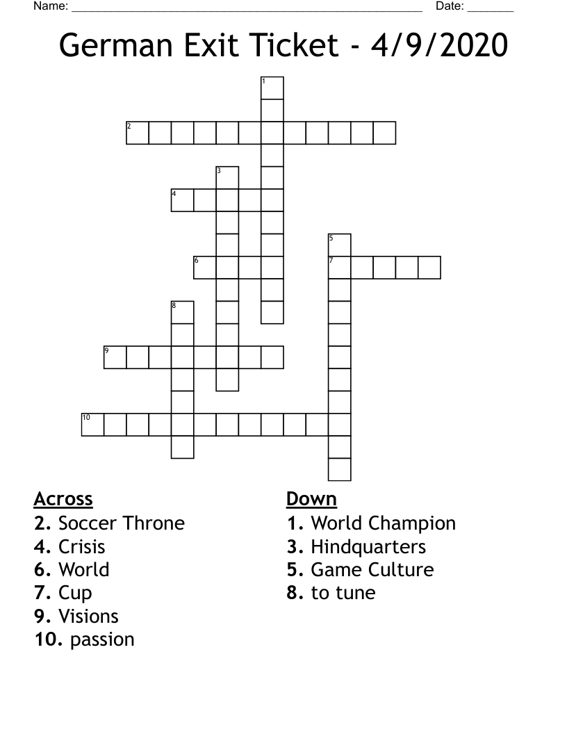 German Exit Ticket - 4/9/2020 Crossword