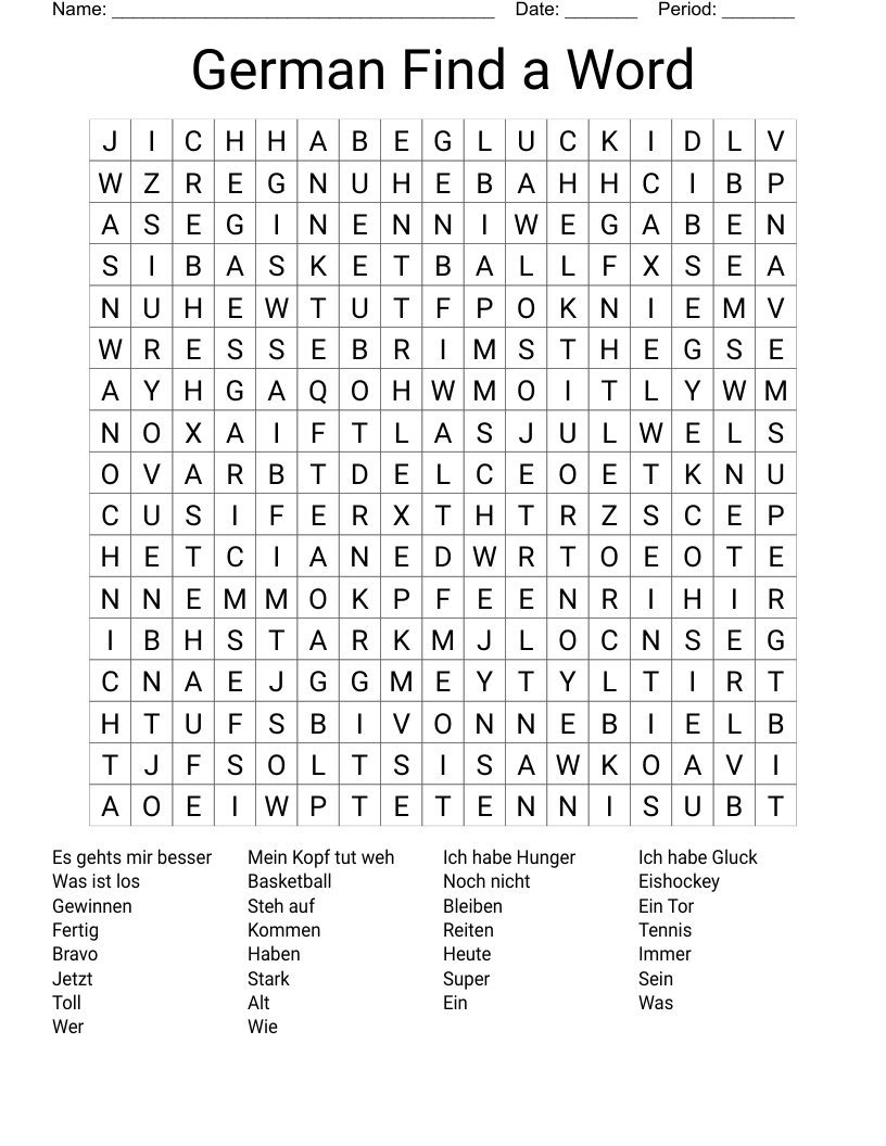 German Find a Word Word Search