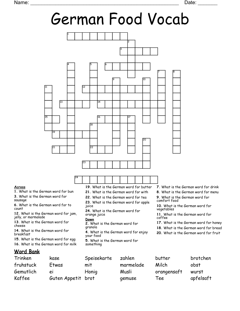 German Food Vocab  Crossword