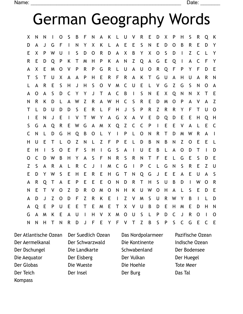 German Geography Words Word Search