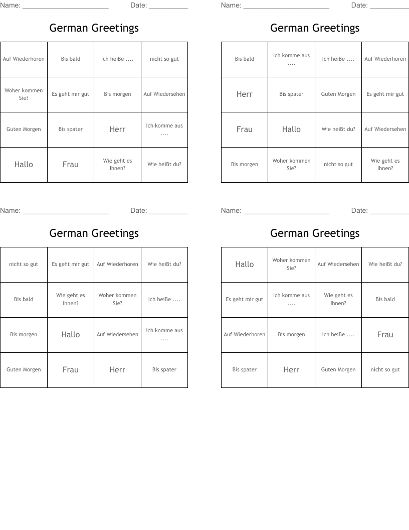 German Greetings Bingo Cards