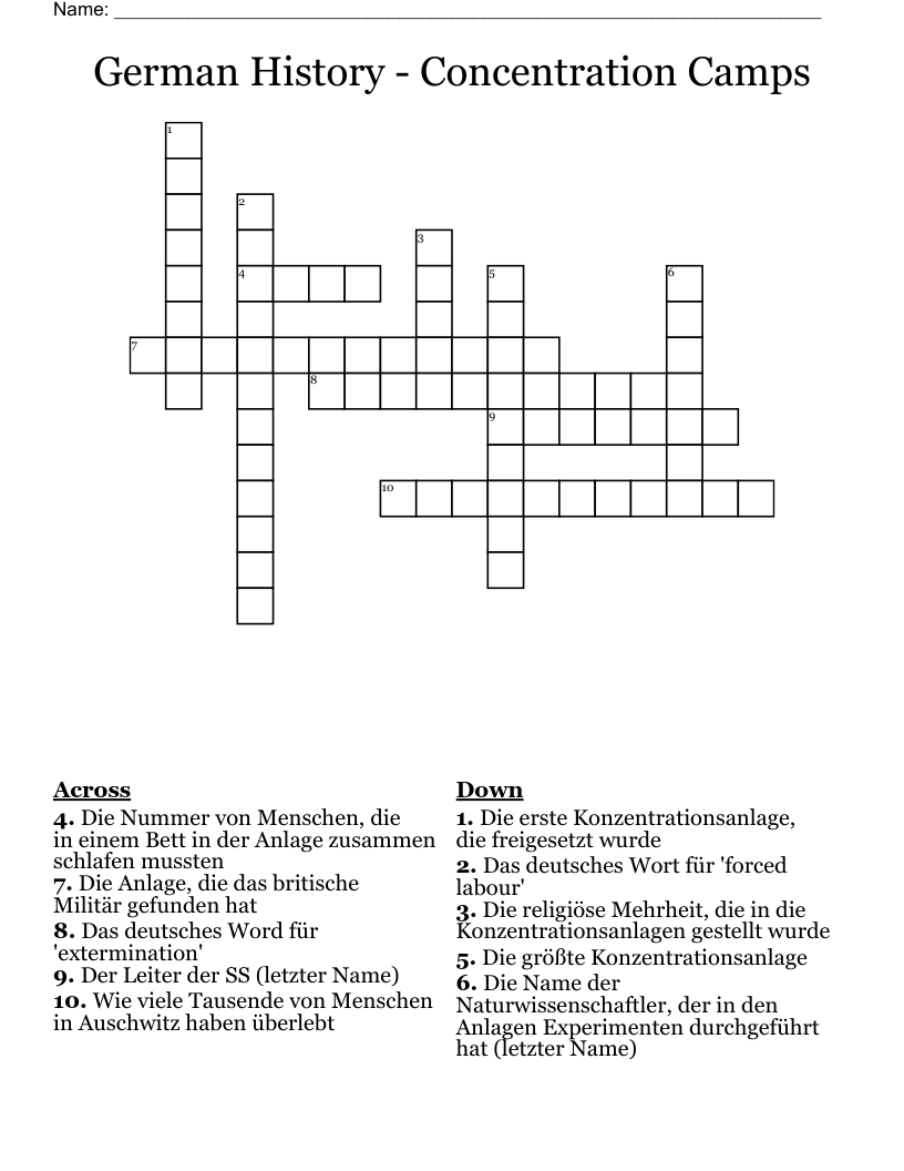 German History - Concentration Camps Crossword