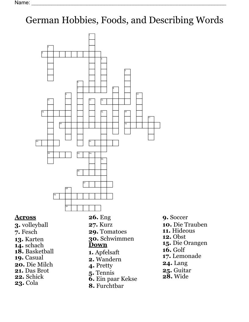 German Hobbies, Foods, and Describing Words Crossword
