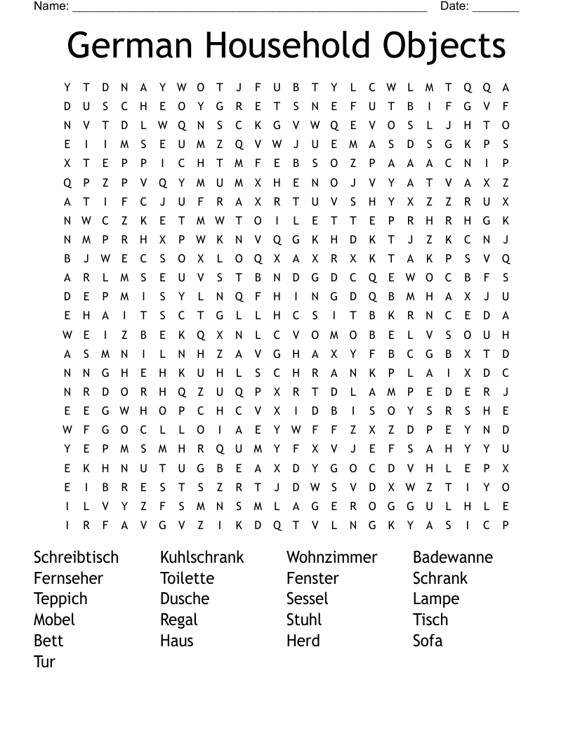 German Household Objects Word Search