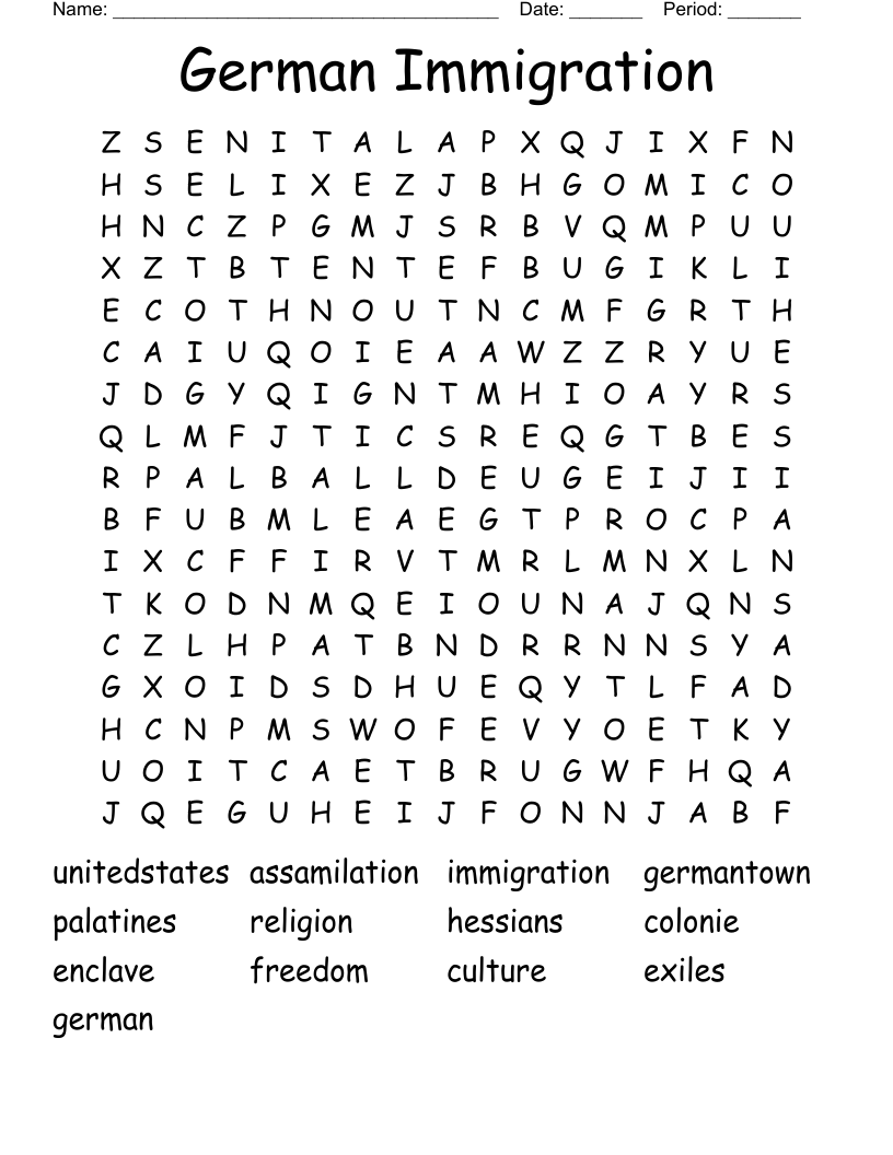 German Immigration Word Search