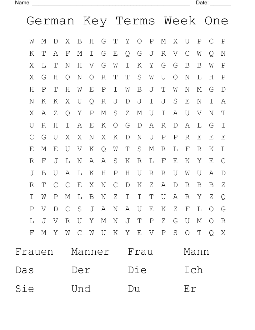 German Key Terms Week One Word Search