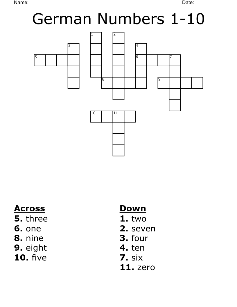 German Numbers 1-10 Crossword