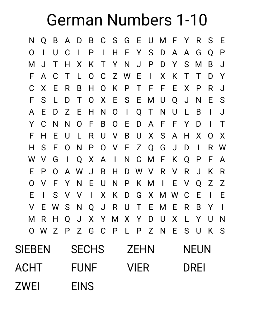 German Numbers 1-10 Word Search