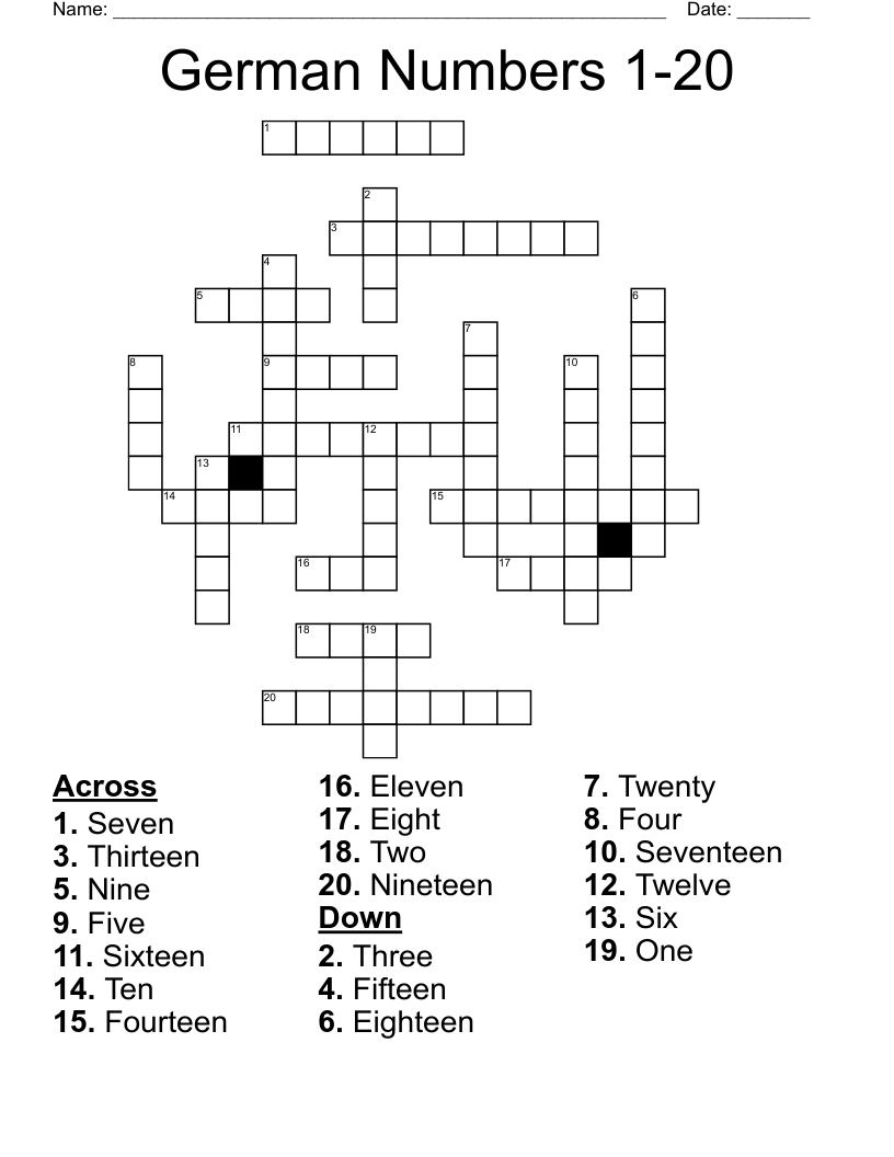 German Numbers 1-20 Crossword