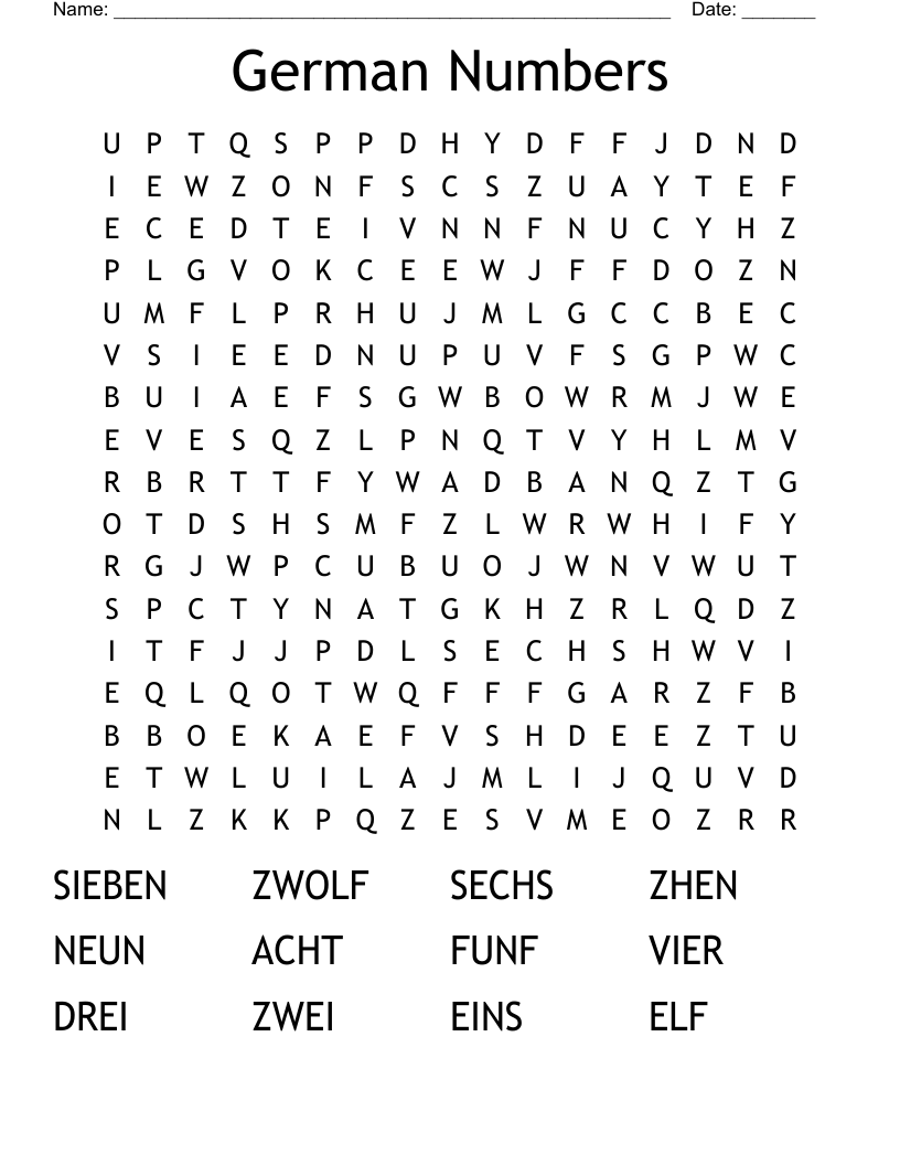 German Numbers Word Search