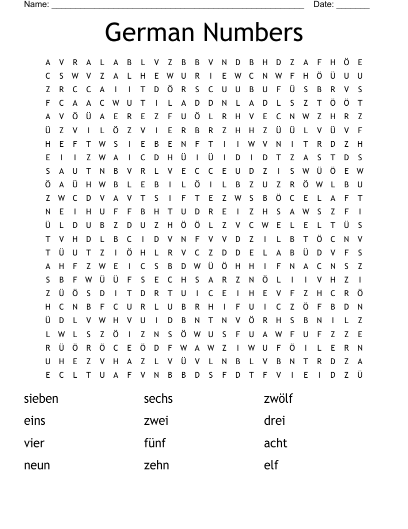 German Numbers Word Search