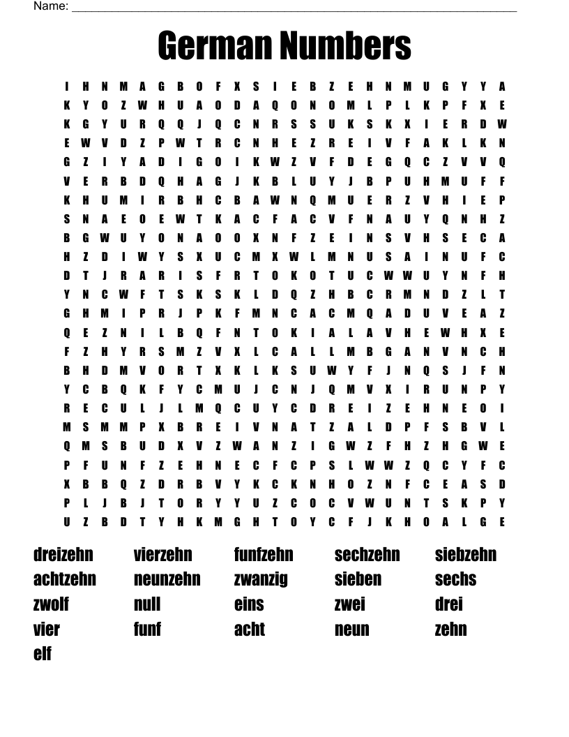 German Numbers  Word Search