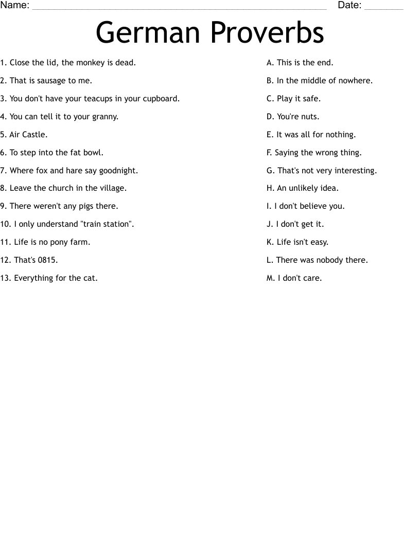 German Proverbs Worksheet