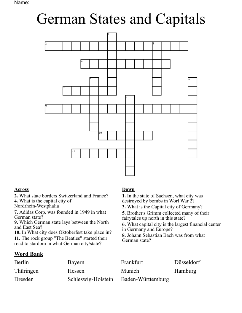 German States and Capitals Crossword