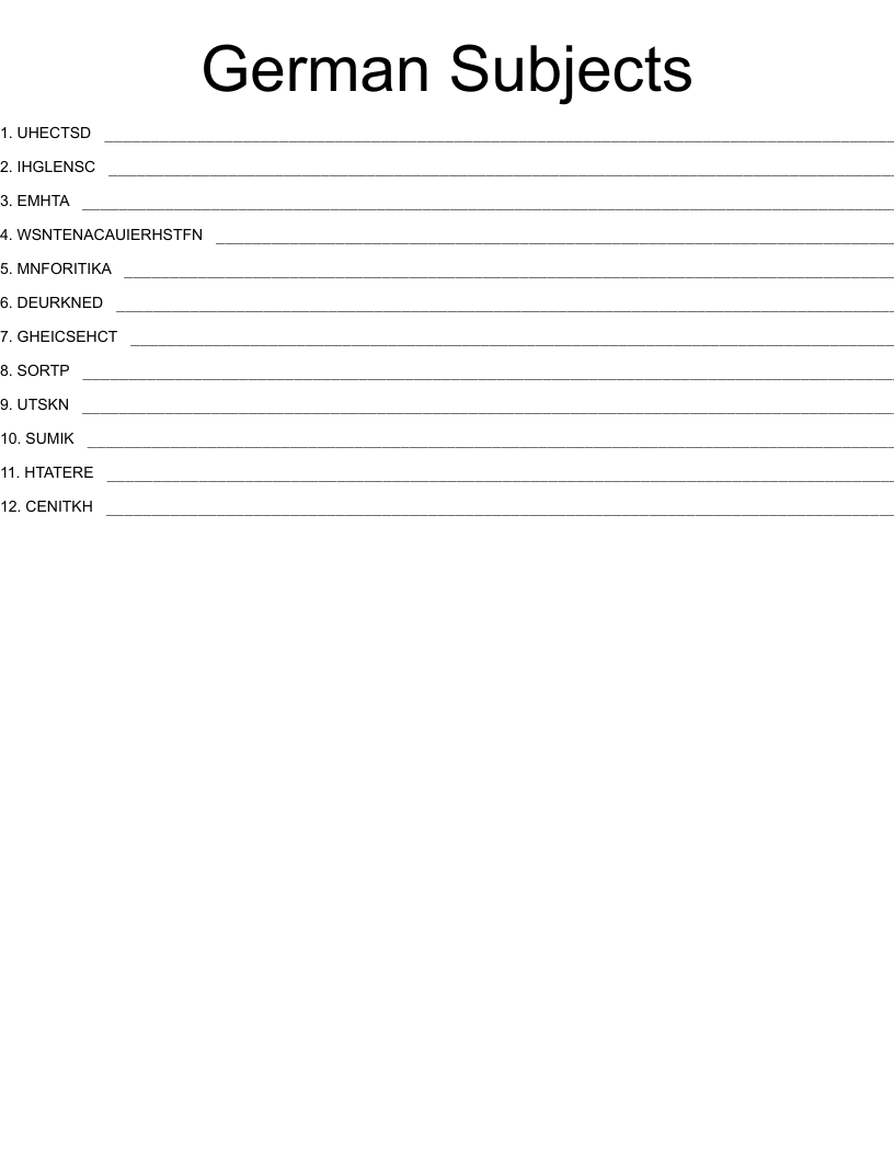 German Subjects Word Scramble