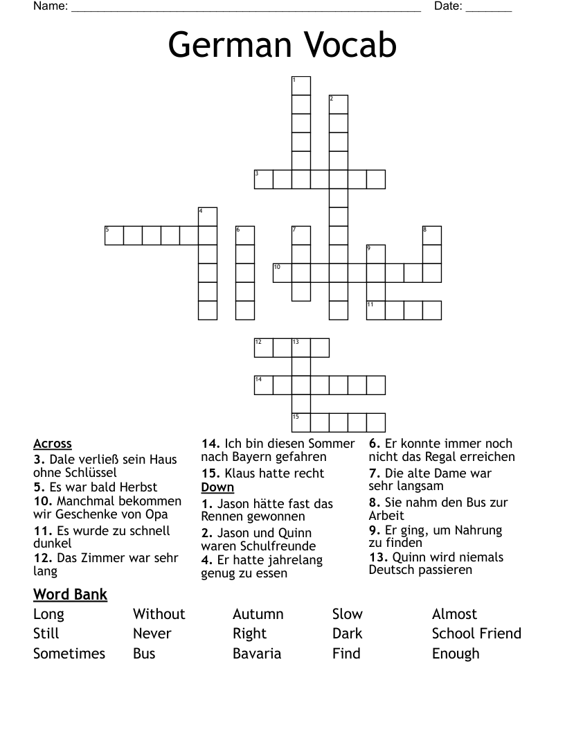 German Vocab Crossword