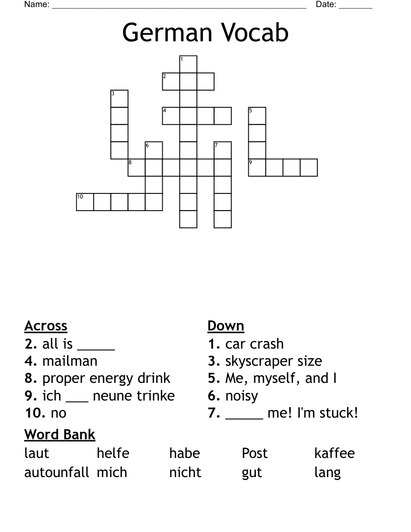 German Vocab Crossword