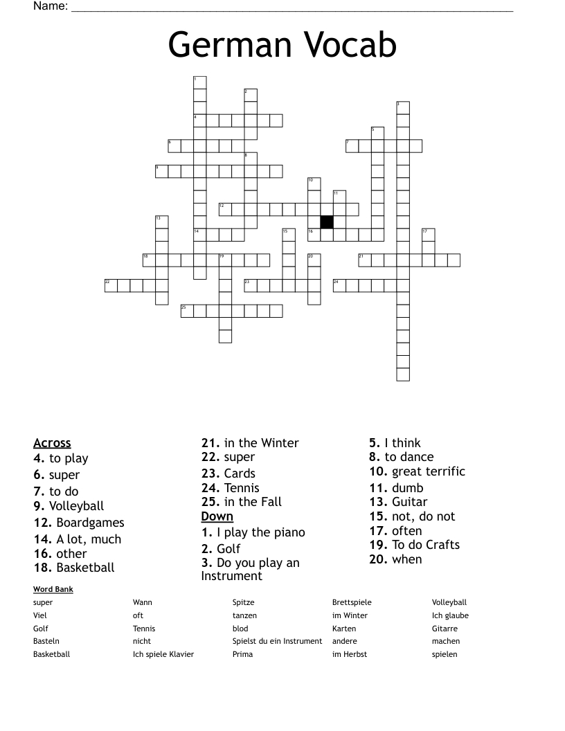 German Vocab Crossword