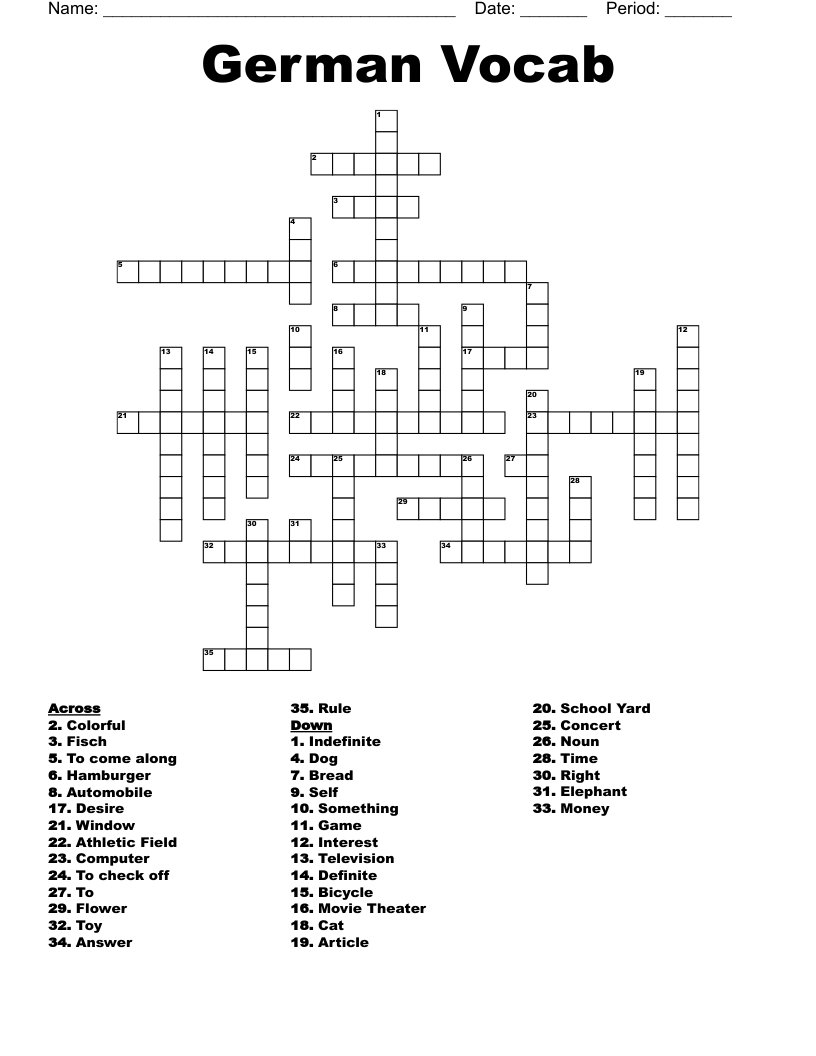 German Vocab Crossword