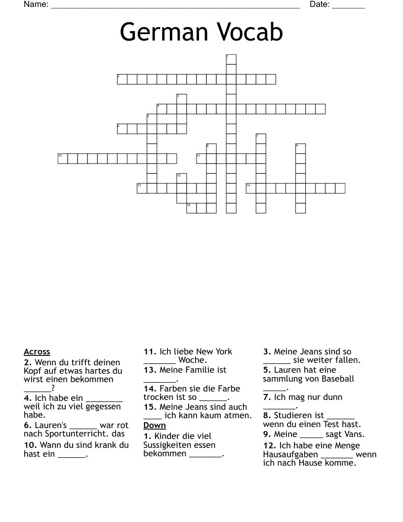 German Vocab Crossword