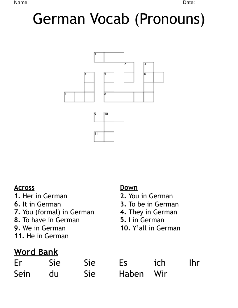 German Vocab (Pronouns) Crossword