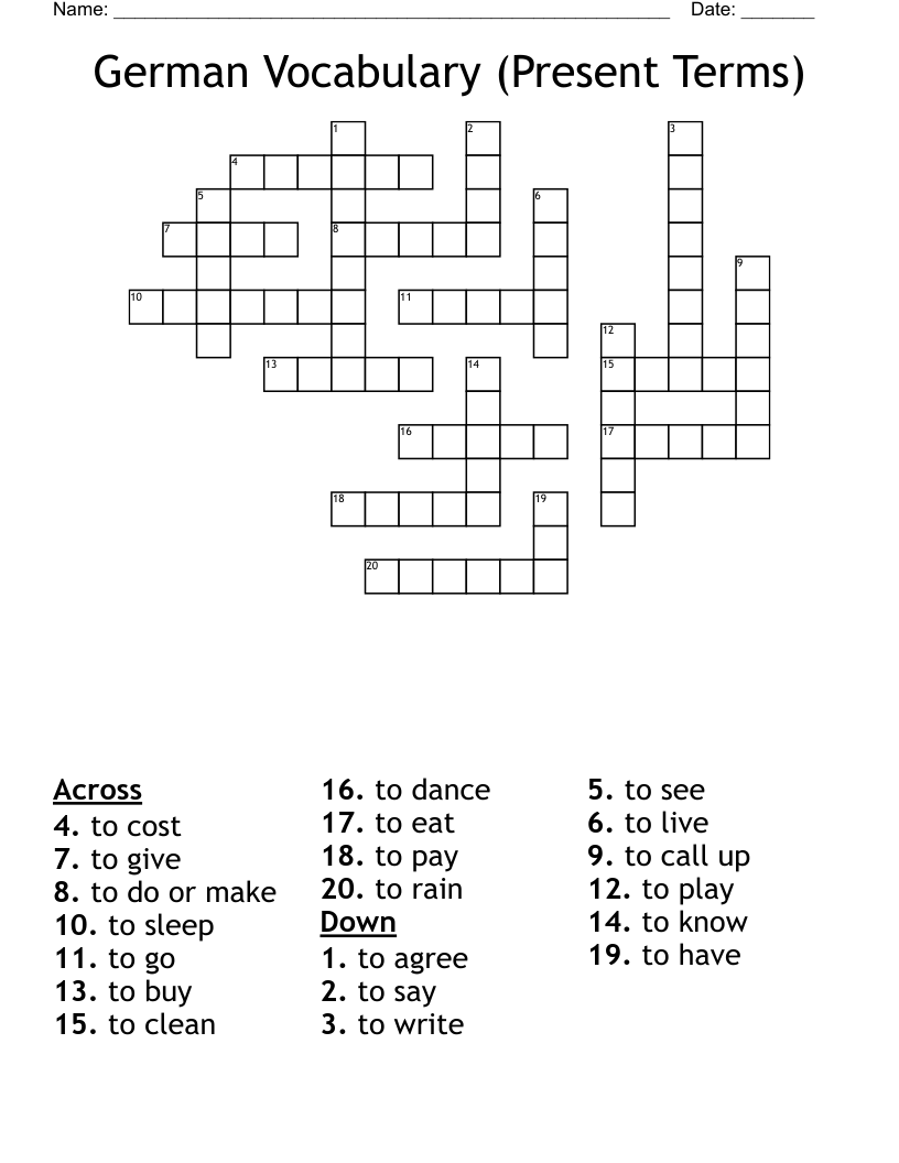 German Vocabulary (Present Terms) Crossword